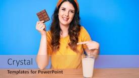  Presentation with chocolate milk - Amazing slide set having young-beautiful-brunette-woman-eating backdrop and a coral colored foreground