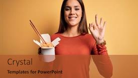  Presentation with chopsticks - Amazing slide deck having young-beautiful-brunette-woman-eating backdrop and a red colored foreground