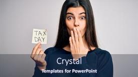  Presentation with tax day - PPT theme consisting of young-beautiful-brunette-woman-holding background and a navy blue colored foreground