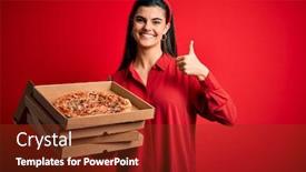  Presentation with pizza delivery - Cool new slides with young-beautiful-brunette-woman-holding backdrop and a tawny brown colored foreground
