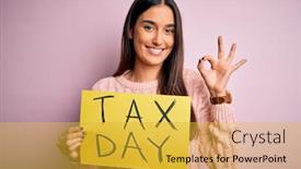  Presentation with tax day - Slide deck consisting of young-beautiful-brunette-woman-holding background and a yellow colored foreground