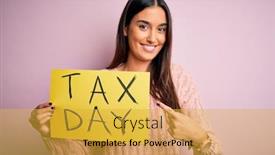  Presentation with tax day - Cool new PPT theme with young-beautiful-brunette-woman-holding backdrop and a yellow colored foreground