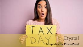  Presentation with tax day - Slides enhanced with young-beautiful-brunette-woman-holding background and a yellow colored foreground