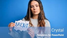  Presentation with brexit - Colorful slide deck enhanced with young-beautiful-brunette-woman-holding backdrop and a teal colored foreground