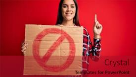  Presentation with red banner - PPT layouts having young-beautiful-brunette-woman-holding background and a crimson colored foreground