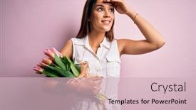  Presentation with hand holding flowers - Audience pleasing PPT layouts consisting of young-beautiful-brunette-woman-holding backdrop and a soft green colored foreground