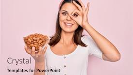  Presentation with almonds - Amazing presentation design having young-beautiful-brunette-woman-holding backdrop and a lemonade colored foreground
