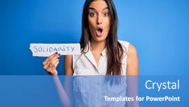 Presentation with solidarity - Colorful presentation design enhanced with young-beautiful-brunette-woman-holding backdrop and a teal colored foreground