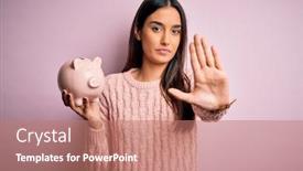  Presentation with hand saving - Beautiful presentation theme featuring young-beautiful-brunette-woman-holding backdrop and a coral colored foreground