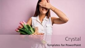  Presentation with hand holding flowers - Presentation theme having young-beautiful-brunette-woman-holding background and a soft green colored foreground