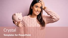  Presentation with hand saving - Slide set with young-beautiful-brunette-woman-holding background and a coral colored foreground