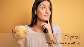  Presentation with snack - Presentation theme consisting of young-beautiful-brunette-woman-holding background and a coral colored foreground