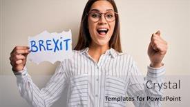  Presentation with brexit - Presentation theme featuring young-beautiful-brunette-woman-holding background and a light gray colored foreground