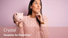  Presentation with saving - Colorful PPT layouts enhanced with young-beautiful-brunette-woman-holding backdrop and a coral colored foreground