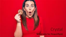 Presentation with cookie - PPT theme having young-beautiful-brunette-woman-holding background and a crimson colored foreground