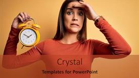 Presentation with clock face - Amazing presentation having young-beautiful-brunette-woman-holding backdrop and a red colored foreground