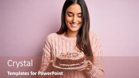  Presentation with happy birthday cake - Presentation design featuring young-beautiful-brunette-woman-holding background and a red colored foreground