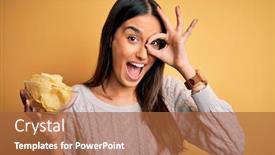  Presentation with potato chips - Beautiful presentation design featuring young-beautiful-brunette-woman-holding backdrop and a red colored foreground