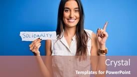  Presentation with solidarity - Cool new presentation theme with young-beautiful-brunette-woman-holding backdrop and a coral colored foreground