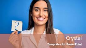  Presentation with question - Presentation theme having young-beautiful-brunette-woman-holding background and a coral colored foreground