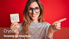  Presentation with finger - Audience pleasing PPT theme consisting of young-beautiful-brunette-woman-holding backdrop and a red colored foreground