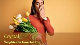  Presentation with hand holding flowers - Amazing PPT theme having young-beautiful-brunette-woman-holding backdrop and a tawny brown colored foreground