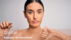  Presentation with orthodontic - Slide set with young-beautiful-brunette-woman-holding background and a coral colored foreground