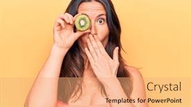  Presentation with kiwi - Slide set having young-beautiful-brunette-woman-holding background and a coral colored foreground