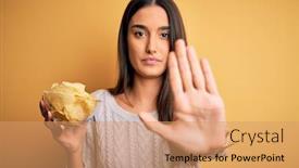  Presentation with potato chips - Audience pleasing PPT layouts consisting of young-beautiful-brunette-woman-holding backdrop and a coral colored foreground