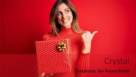  Presentation with happy birthday - PPT layouts having young-beautiful-brunette-woman-holding background and a crimson colored foreground
