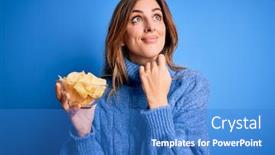  Presentation with potato chips - Slide set enhanced with young-beautiful-brunette-woman-holding background and a teal colored foreground