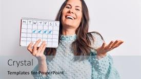  Presentation with achievement - Colorful presentation theme enhanced with young-beautiful-brunette-woman-holding backdrop and a light blue colored foreground