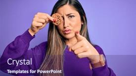  Presentation with cookie - Presentation design enhanced with young-beautiful-brunette-woman-holding background and a violet colored foreground