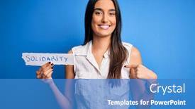  Presentation with solidarity - Beautiful presentation theme featuring young-beautiful-brunette-woman-holding backdrop and a teal colored foreground