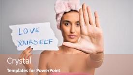  Presentation with love yourself - Audience pleasing PPT theme consisting of young-beautiful-brunette-woman-holding backdrop and a coral colored foreground