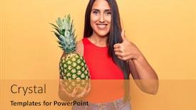  Presentation with pineapple - Theme enhanced with young-beautiful-brunette-woman-holding background and a yellow colored foreground