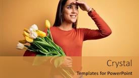 Presentation with hand holding flowers - PPT theme enhanced with young-beautiful-brunette-woman-holding background and a gold colored foreground
