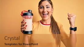 Presentation with protein - Amazing PPT theme having young-beautiful-brunette-woman-holding backdrop and a gold colored foreground