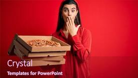  Presentation with pizza delivery - PPT theme featuring young-beautiful-brunette-woman-holding background and a crimson colored foreground