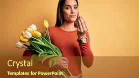  Presentation with salary - Cool new slide set with young-beautiful-brunette-woman-holding backdrop and a tawny brown colored foreground