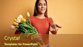  Presentation with hand holding flowers - Amazing PPT theme having young-beautiful-brunette-woman-holding backdrop and a tawny brown colored foreground