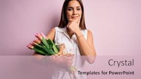  Presentation with hand holding flowers - Beautiful theme featuring young-beautiful-brunette-woman-holding backdrop and a soft green colored foreground