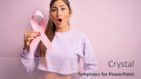  Presentation with pink ribbon - Audience pleasing PPT layouts consisting of young-beautiful-brunette-woman-holding backdrop and a lemonade colored foreground