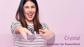  Presentation with television - Audience pleasing slide set consisting of young-beautiful-brunette-woman-holding backdrop and a lemonade colored foreground