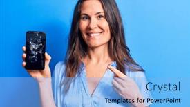  Presentation with cracked - Beautiful PPT layouts featuring young-beautiful-brunette-woman-holding backdrop and a light blue colored foreground