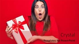  Presentation with mouth - Cool new PPT layouts with young-beautiful-brunette-woman-holding backdrop and a crimson colored foreground