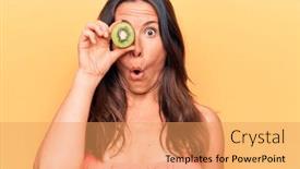  Presentation with kiwi - Audience pleasing presentation theme consisting of young-beautiful-brunette-woman-holding backdrop and a yellow colored foreground