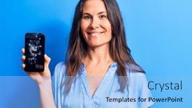  Presentation with cracked - Slide deck having young-beautiful-brunette-woman-holding background and a light blue colored foreground