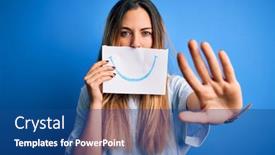  Presentation with defense - PPT layouts with young-beautiful-brunette-woman-holding background and a ocean colored foreground