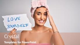  Presentation with love yourself - Audience pleasing slides consisting of young-beautiful-brunette-woman-holding backdrop and a coral colored foreground
